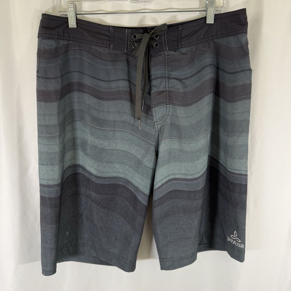 Prana Swim Trunks Men's 34 Grey Black Pull On Drawstring Zip Pocket Board Shorts